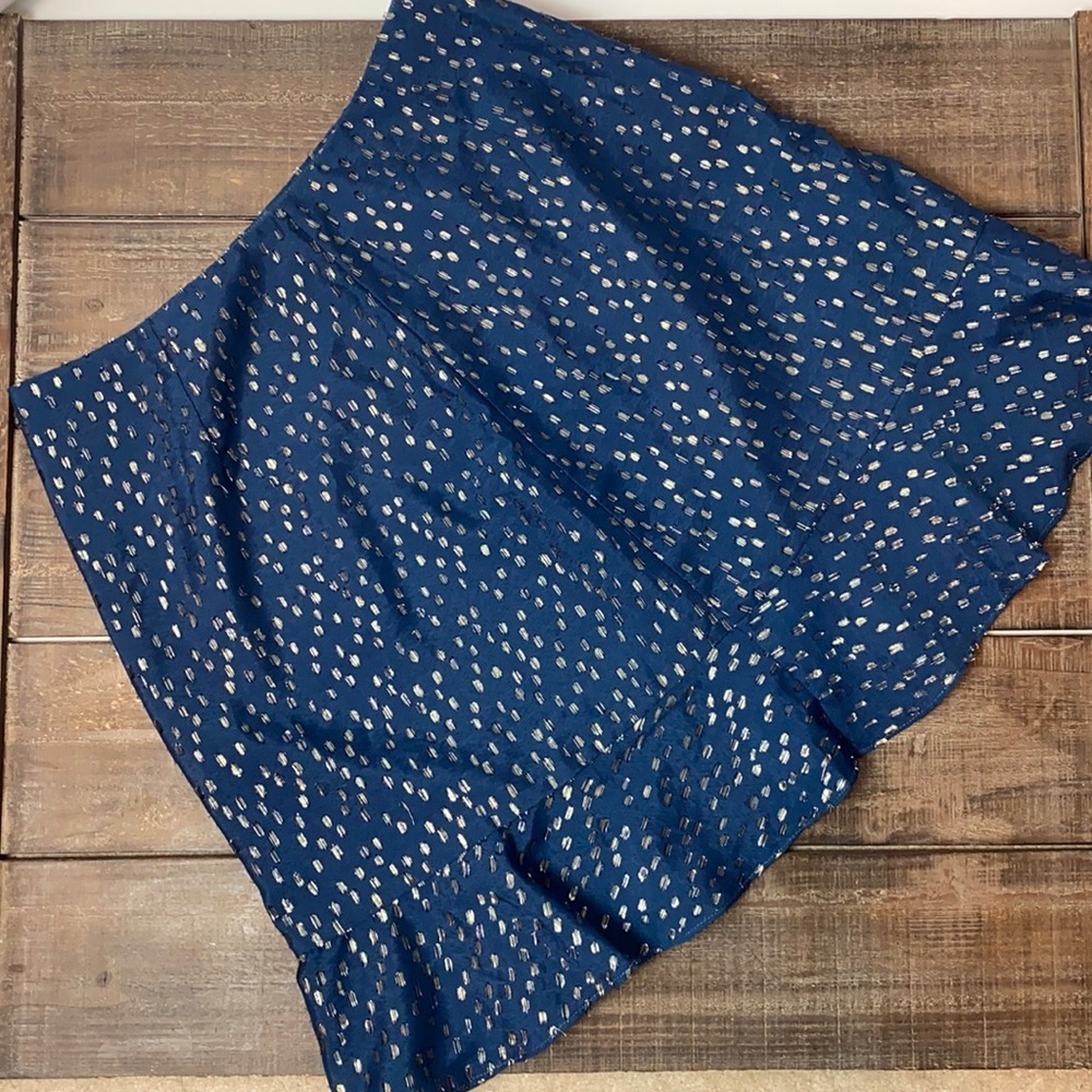Anthropologie Hutch midi skirt with flirty ruffled hem Medium Blue and Gold NWT